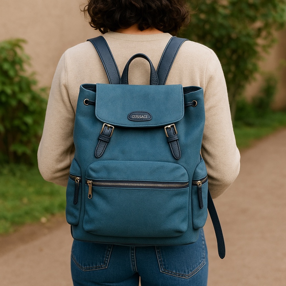 GUSSACI Denim-Style Drawstring Backpack Faux Leather Trim, Multiple Pockets